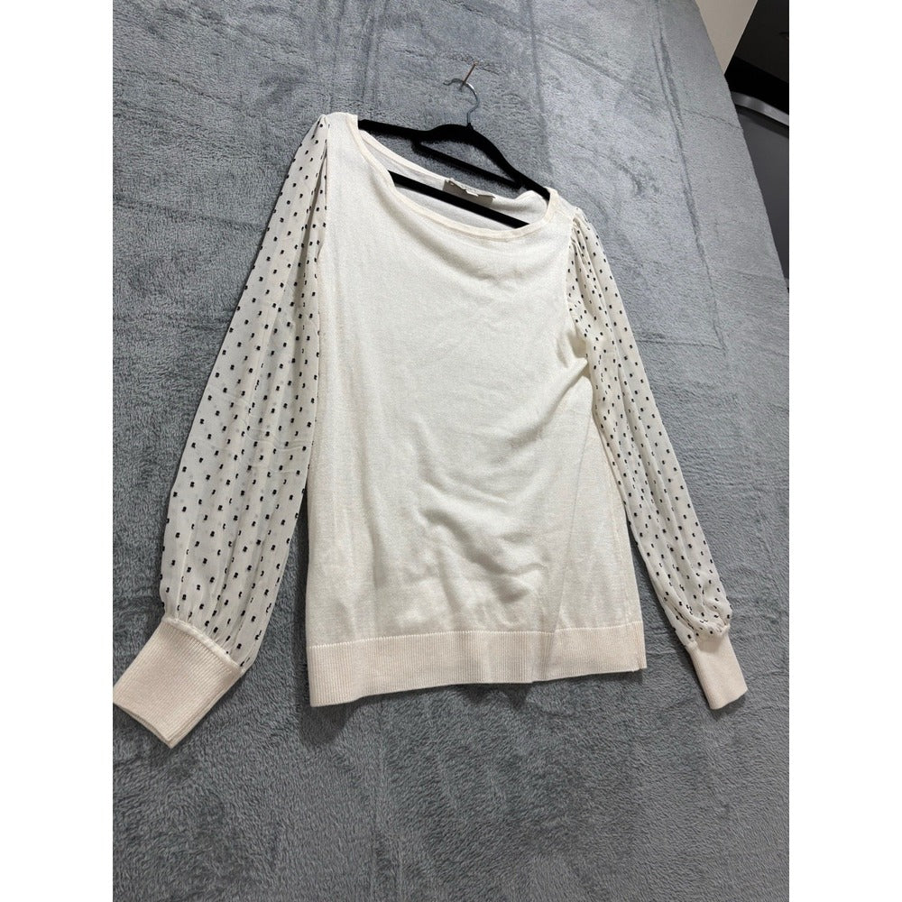 LOFT S Cream Sheer Polka Dot Mesh Sleeve Sweater Womens Cottagecore Preppy