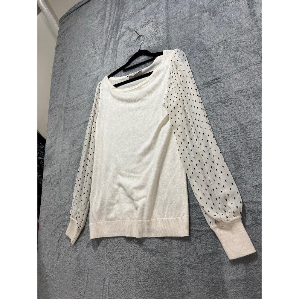 LOFT S Cream Sheer Polka Dot Mesh Sleeve Sweater Womens Cottagecore Preppy