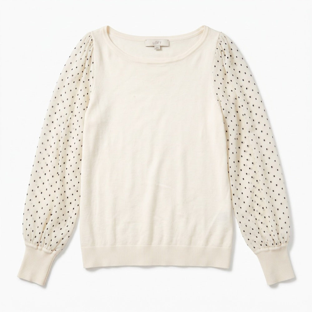 LOFT S Cream Sheer Polka Dot Mesh Sleeve Sweater Womens Cottagecore Preppy