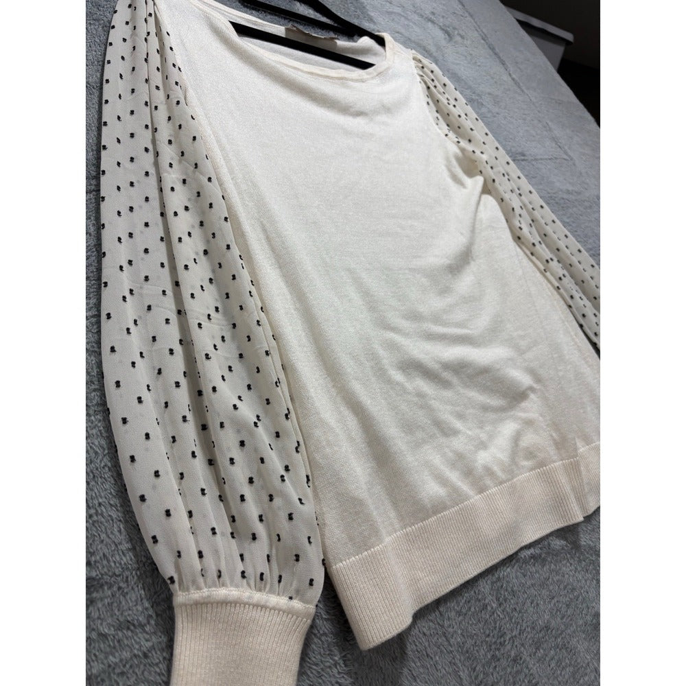 LOFT S Cream Sheer Polka Dot Mesh Sleeve Sweater Womens Cottagecore Preppy