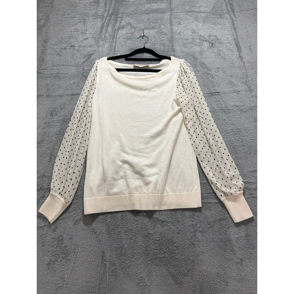 LOFT S Cream Sheer Polka Dot Mesh Sleeve Sweater Womens Cottagecore Preppy