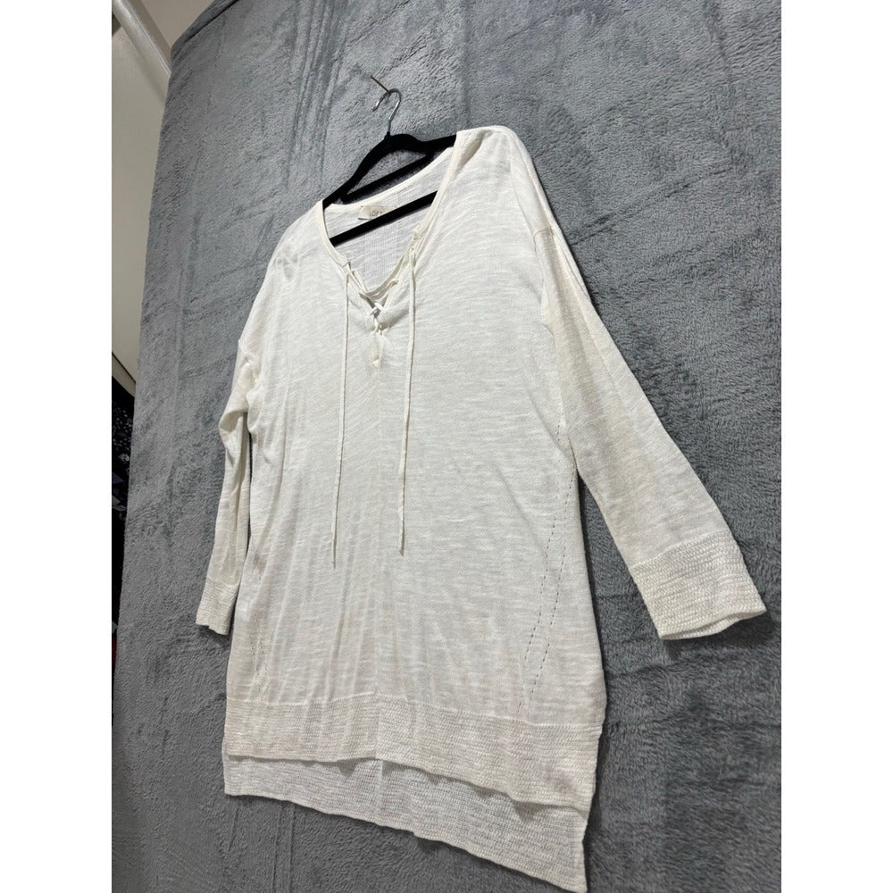 LOFT Womens S Cream Lace-Up Thermal Knit Top Boho Casual