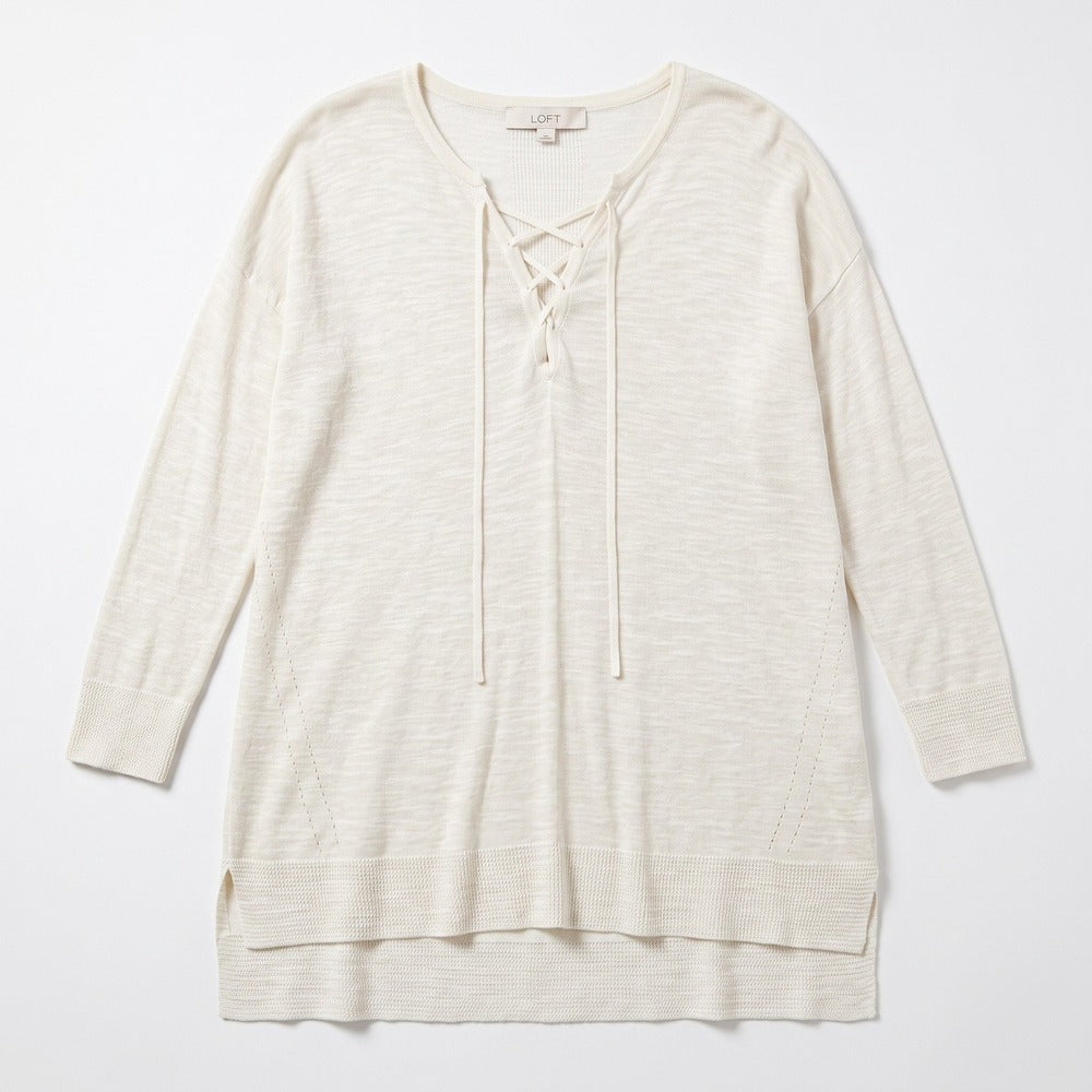 LOFT Womens S Cream Lace-Up Thermal Knit Top Boho Casual