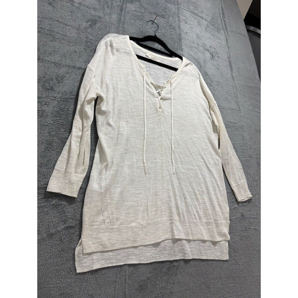 LOFT Womens S Cream Lace-Up Thermal Knit Top Boho Casual
