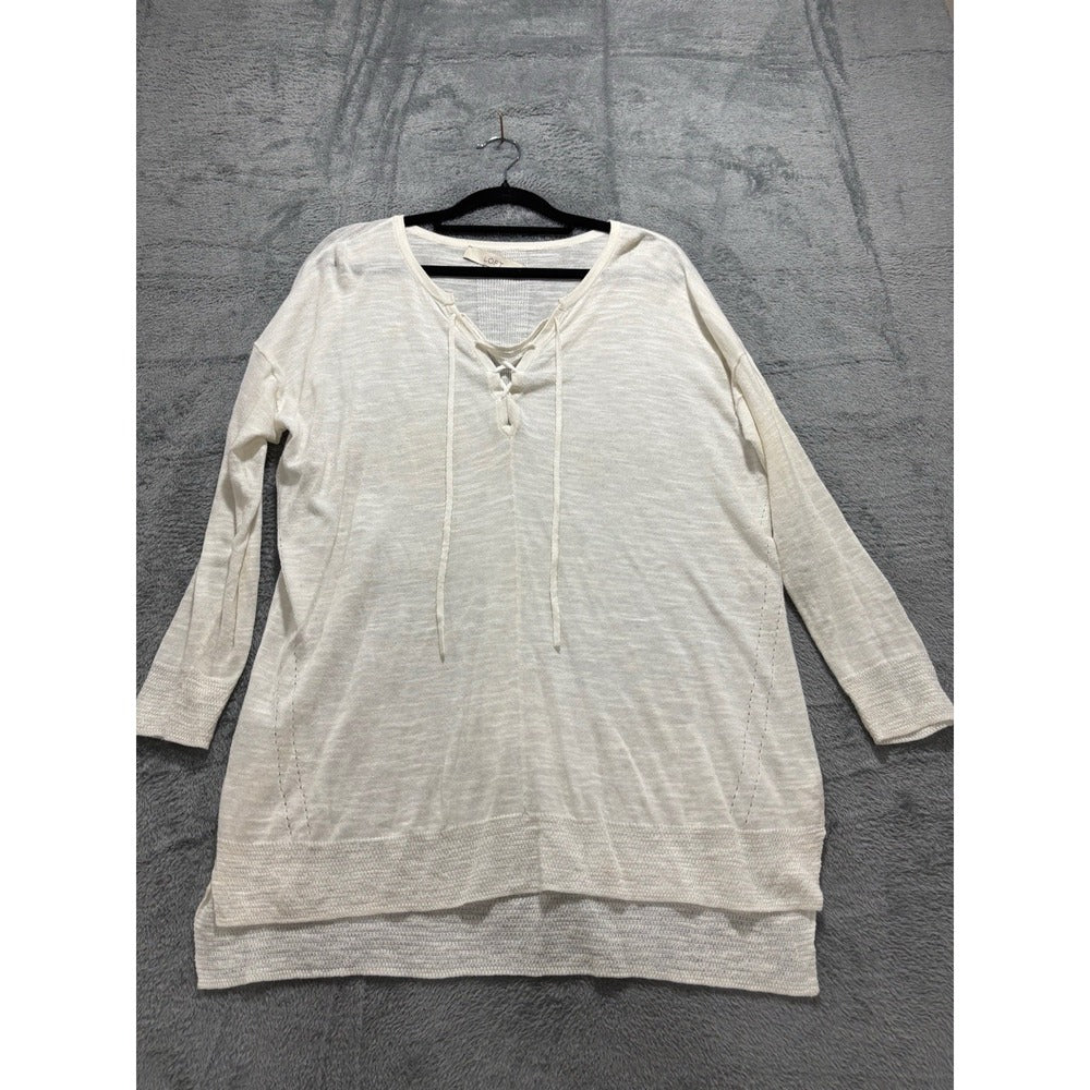 LOFT Womens S Cream Lace-Up Thermal Knit Top Boho Casual
