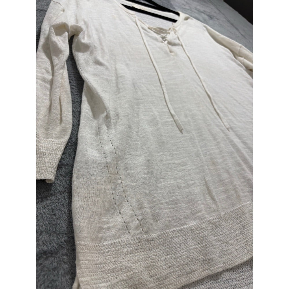 LOFT Womens S Cream Lace-Up Thermal Knit Top Boho Casual