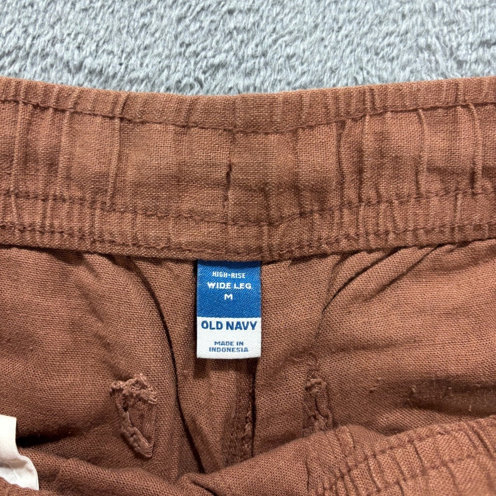 Old Navy Womens M Rust Brown High Rise Wide Leg Linen Blend Pants Boho Casual