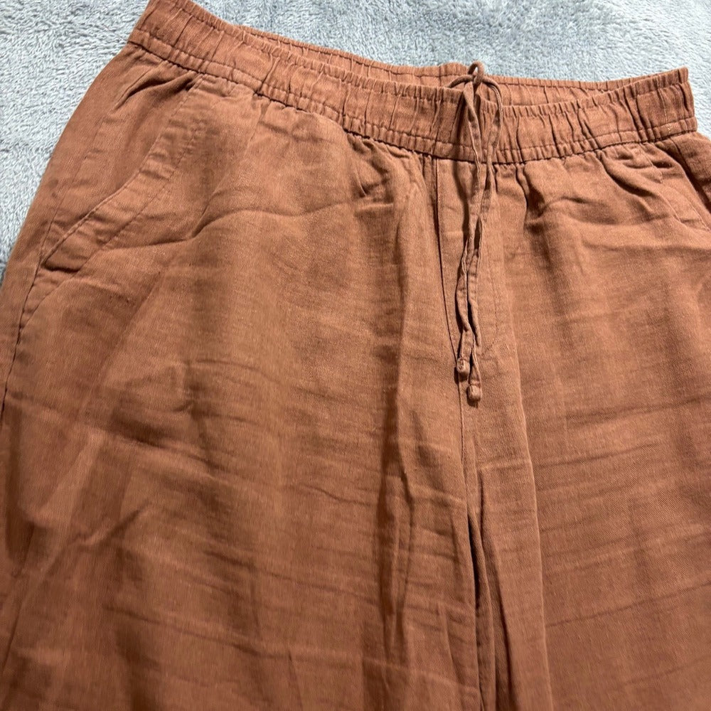 Old Navy Womens M Rust Brown High Rise Wide Leg Linen Blend Pants Boho Casual