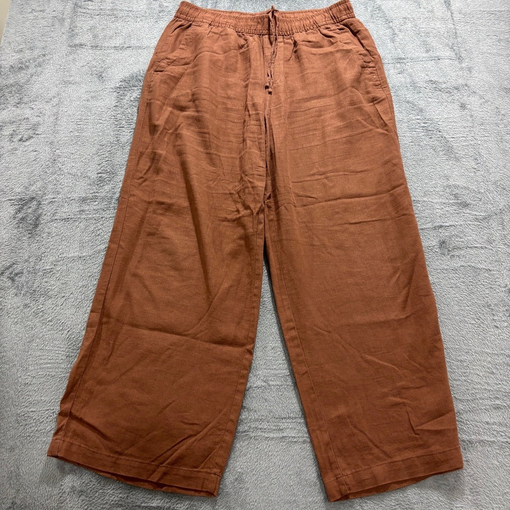 Old Navy Womens M Rust Brown High Rise Wide Leg Linen Blend Pants Boho Casual