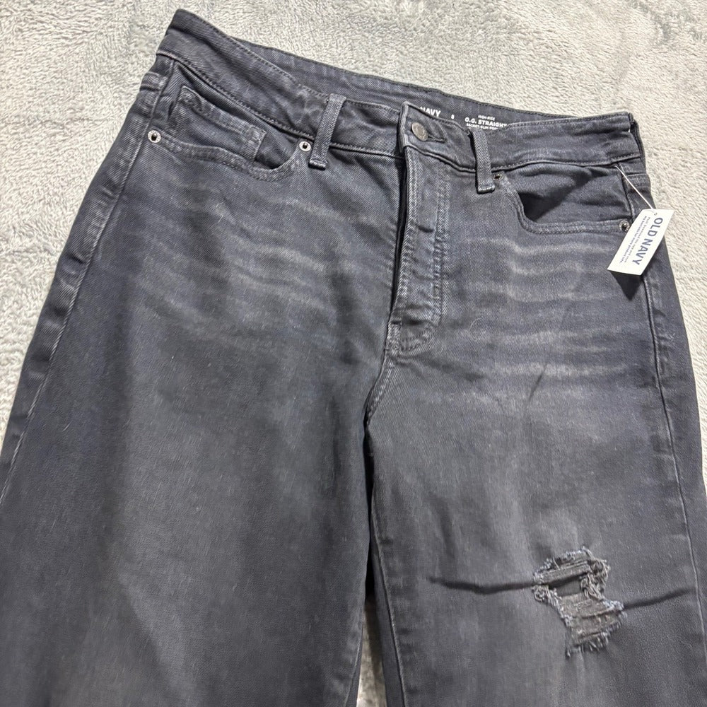 Old Navy Womens 8 Black O.G. Straight High-Rise Jeans Distressed Casual Grunge