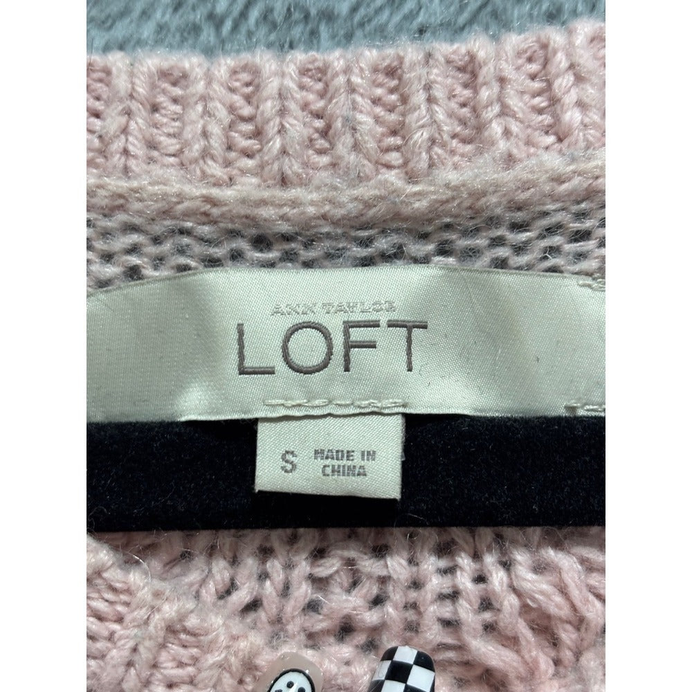 LOFT Womens S Blush Pink Cable Knit Crewneck Sweater Cozy Camel Hair Blend