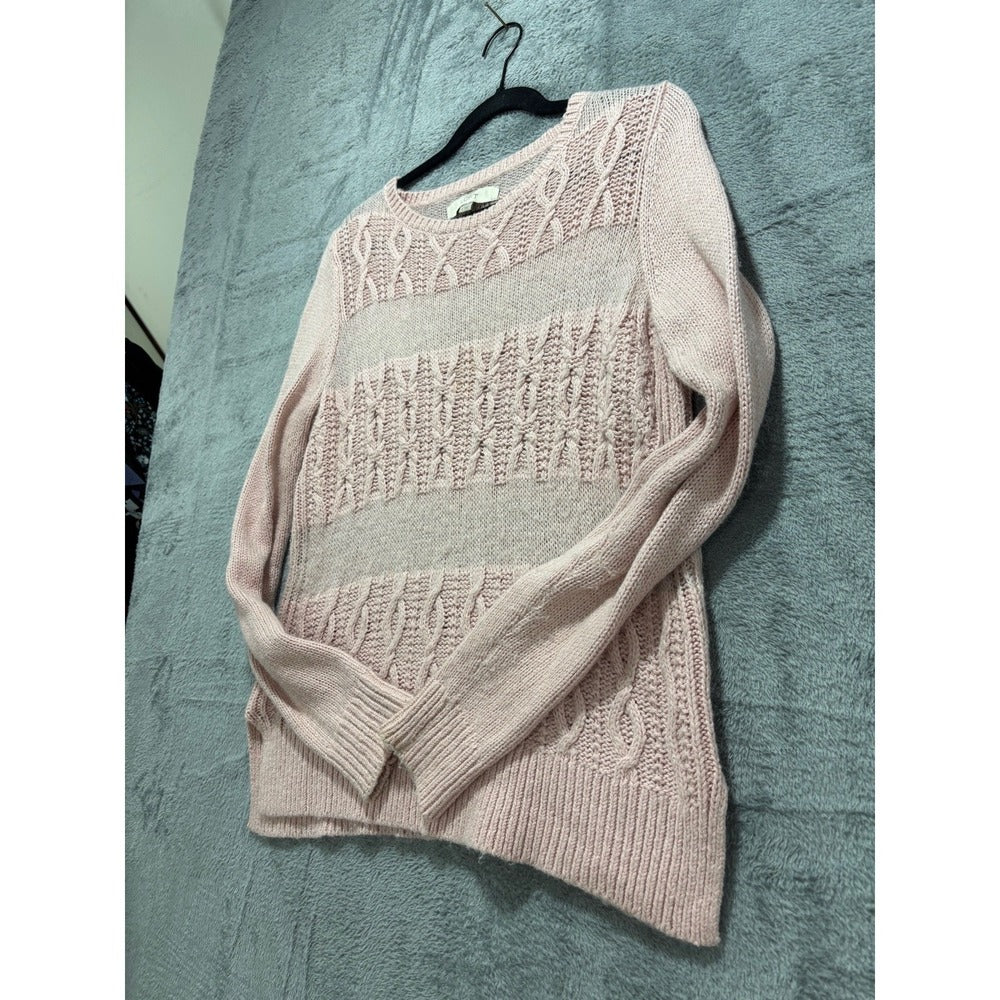 LOFT Womens S Blush Pink Cable Knit Crewneck Sweater Cozy Camel Hair Blend