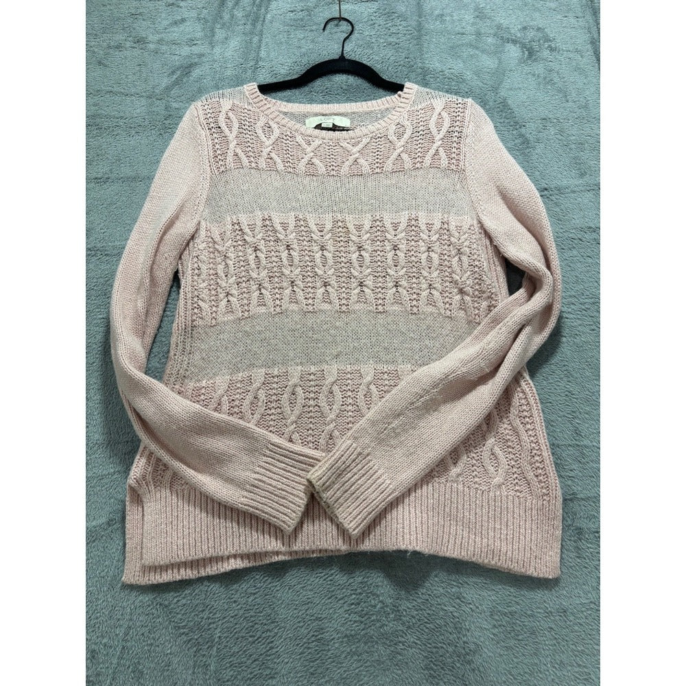 LOFT Womens S Blush Pink Cable Knit Crewneck Sweater Cozy Camel Hair Blend