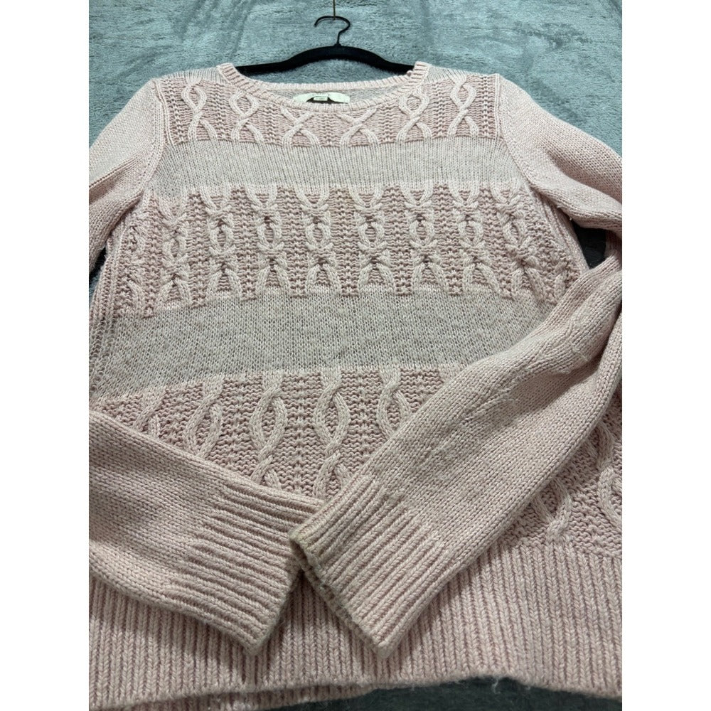 LOFT Womens S Blush Pink Cable Knit Crewneck Sweater Cozy Camel Hair Blend