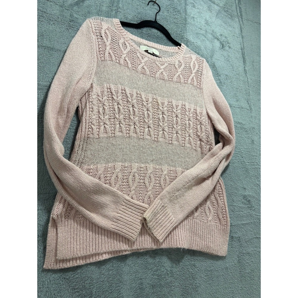 LOFT Womens S Blush Pink Cable Knit Crewneck Sweater Cozy Camel Hair Blend