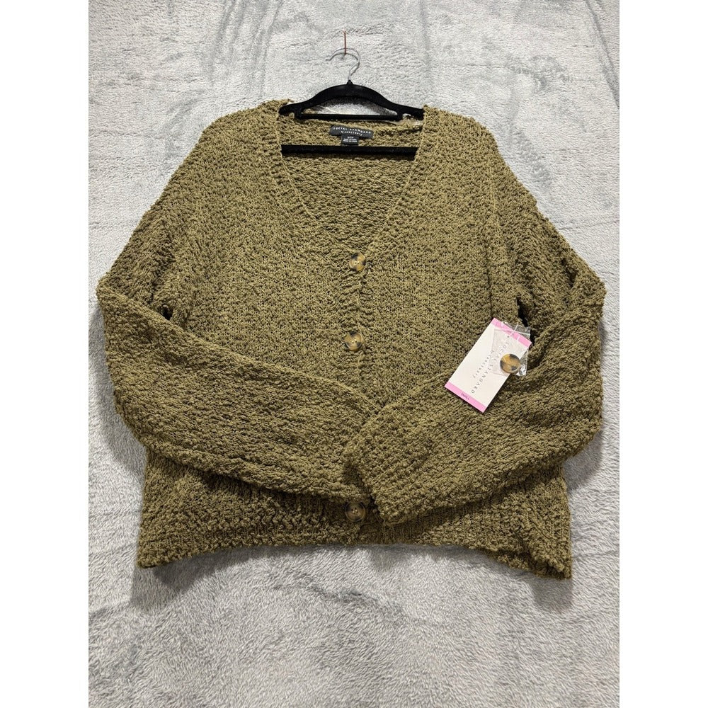 Social Standard by Sanctuary Womens S Olive Popcorn Knit V-Neck Cardigan Cozy
