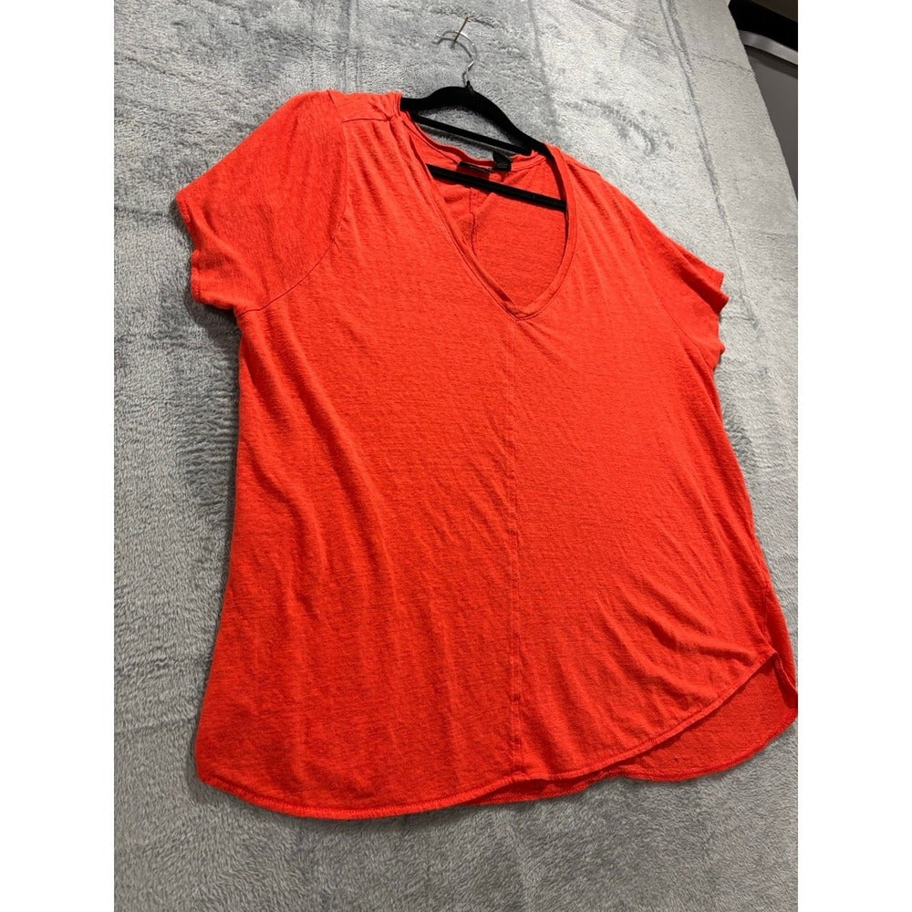Tahari Womens 1X Coral 100% Linen V-Neck Short Sleeve Top Casual Coastal Boho
