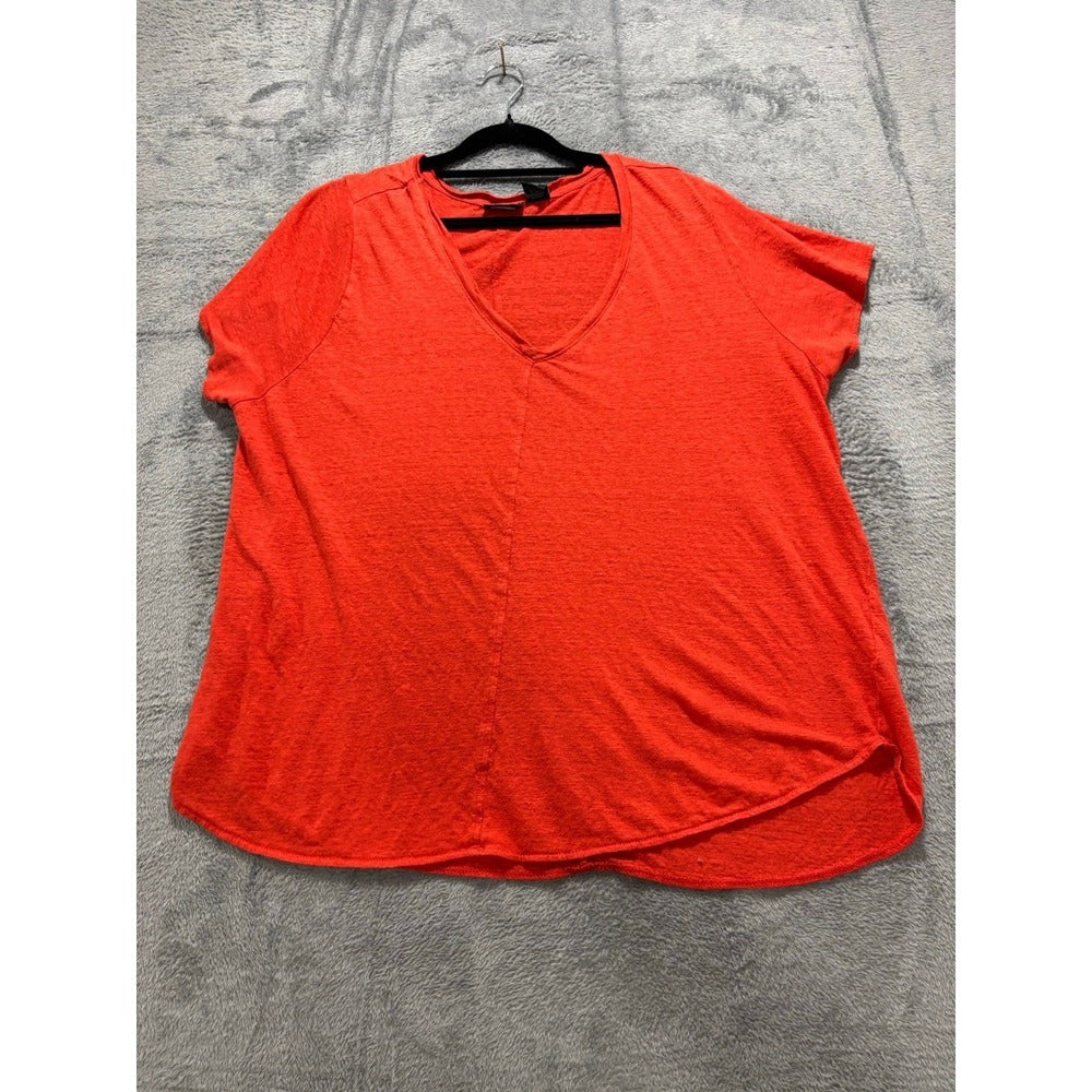 Tahari Womens 1X Coral 100% Linen V-Neck Short Sleeve Top Casual Coastal Boho