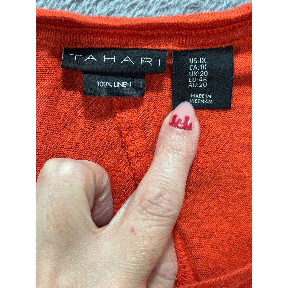 Tahari Womens 1X Coral 100% Linen V-Neck Short Sleeve Top Casual Coastal Boho