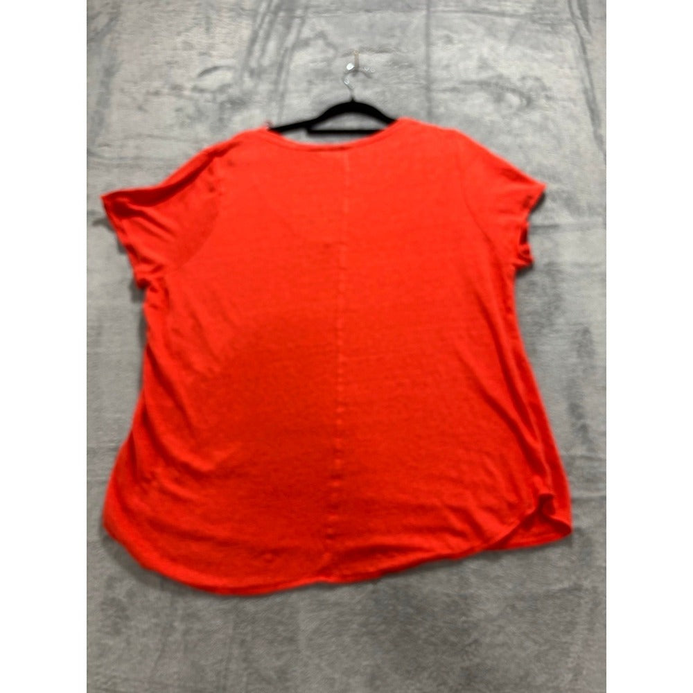 Tahari Womens 1X Coral 100% Linen V-Neck Short Sleeve Top Casual Coastal Boho