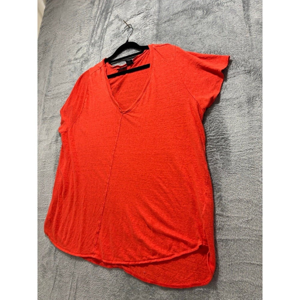 Tahari Womens 1X Coral 100% Linen V-Neck Short Sleeve Top Casual Coastal Boho