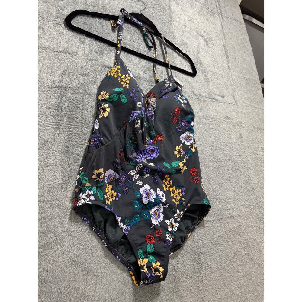 Time and Tru M 8-10 Gray Multi Floral One-Piece Swimsuit Womens Boho Cottagecore