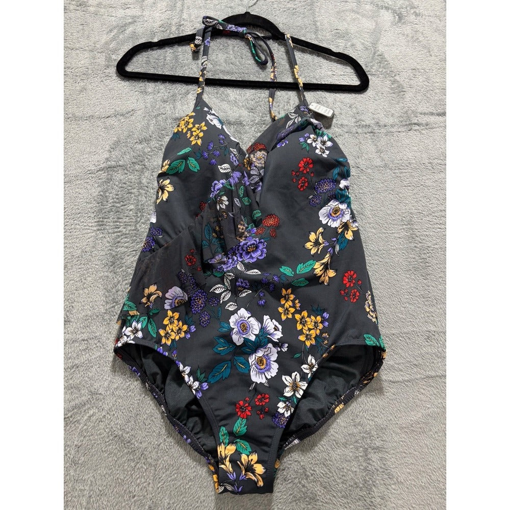 Time and Tru M 8-10 Gray Multi Floral One-Piece Swimsuit Womens Boho Cottagecore