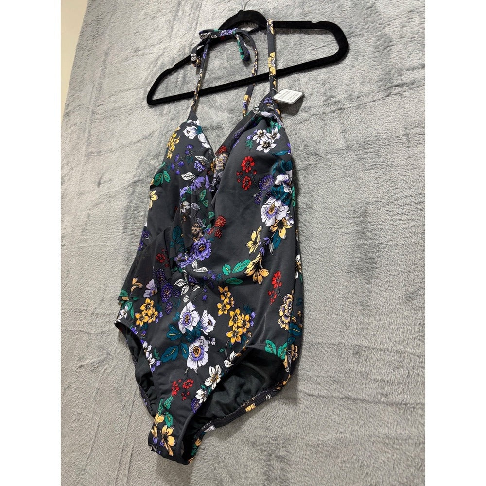 Time and Tru M 8-10 Gray Multi Floral One-Piece Swimsuit Womens Boho Cottagecore