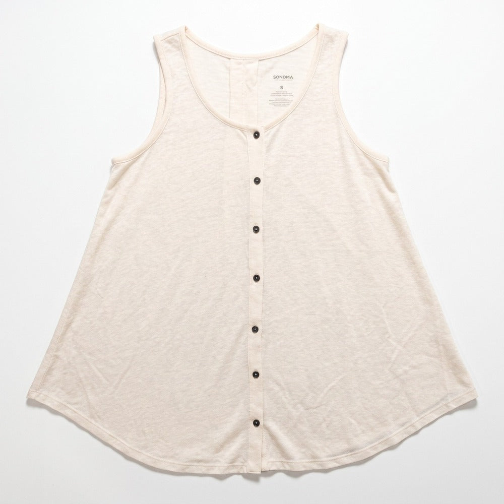 Sonoma Womens S Cream Button Front Swing Tank Top Boho Casual Linen Blend Look