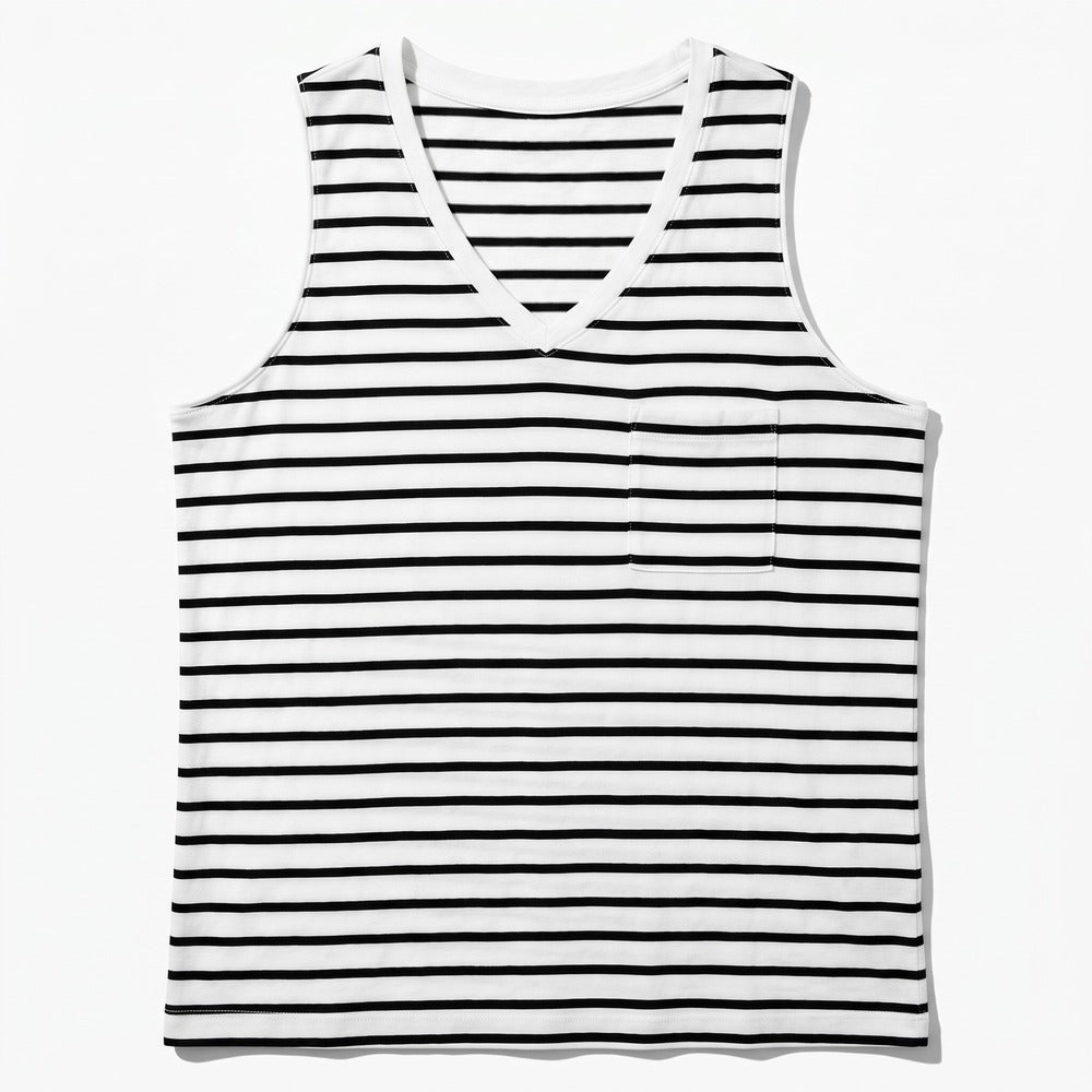 Time and Tru M 8-10 White Black Striped Womens V-Neck Pocket Tank Casual Coastal