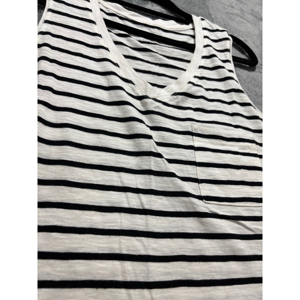 Time and Tru M 8-10 White Black Striped Womens V-Neck Pocket Tank Casual Coastal