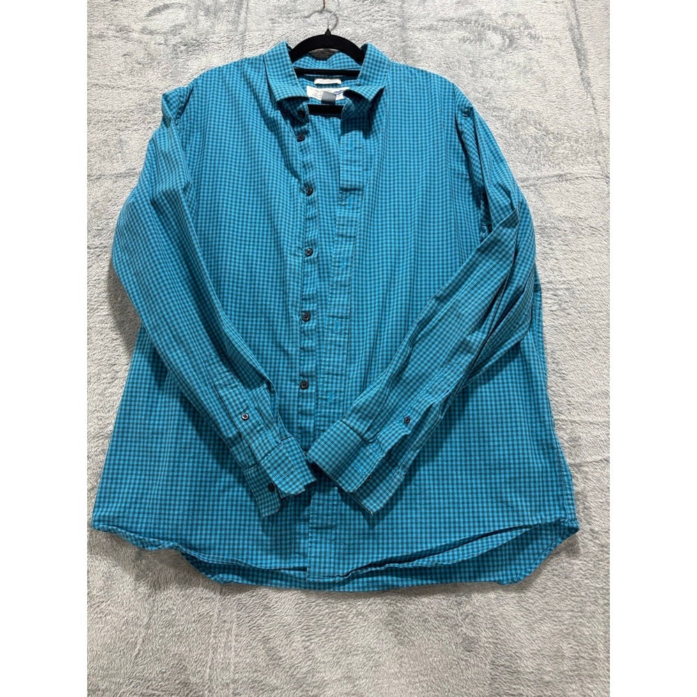 Old Navy Signature XL Teal Gingham Button Up Shirt Mens Preppy Casual
