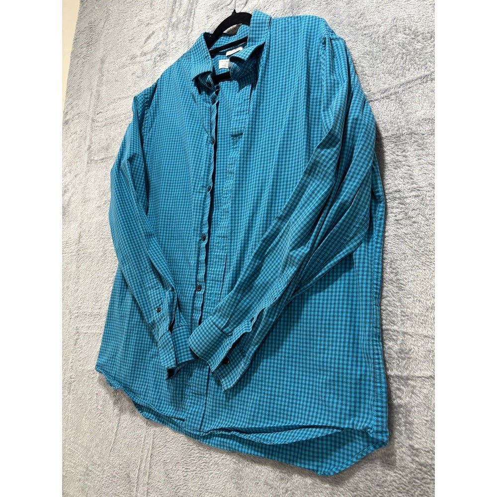 Old Navy Signature XL Teal Gingham Button Up Shirt Mens Preppy Casual