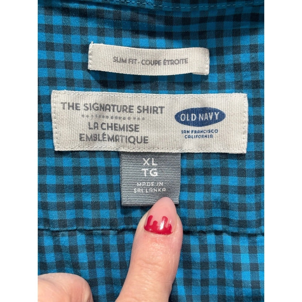 Old Navy Signature XL Teal Gingham Button Up Shirt Mens Preppy Casual