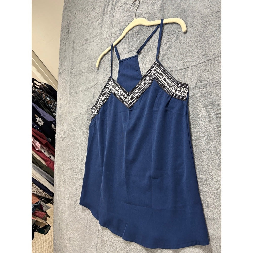 Womens M Navy Racerback Cami Tank Top Geometric Trim Boho Festival Casual