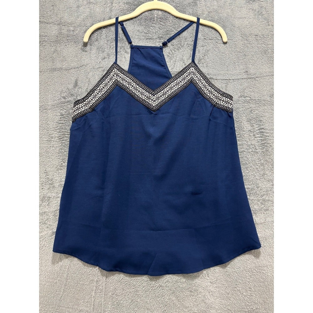 Womens M Navy Racerback Cami Tank Top Geometric Trim Boho Festival Casual