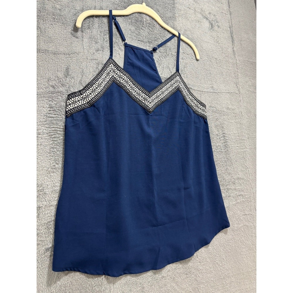 Womens M Navy Racerback Cami Tank Top Geometric Trim Boho Festival Casual