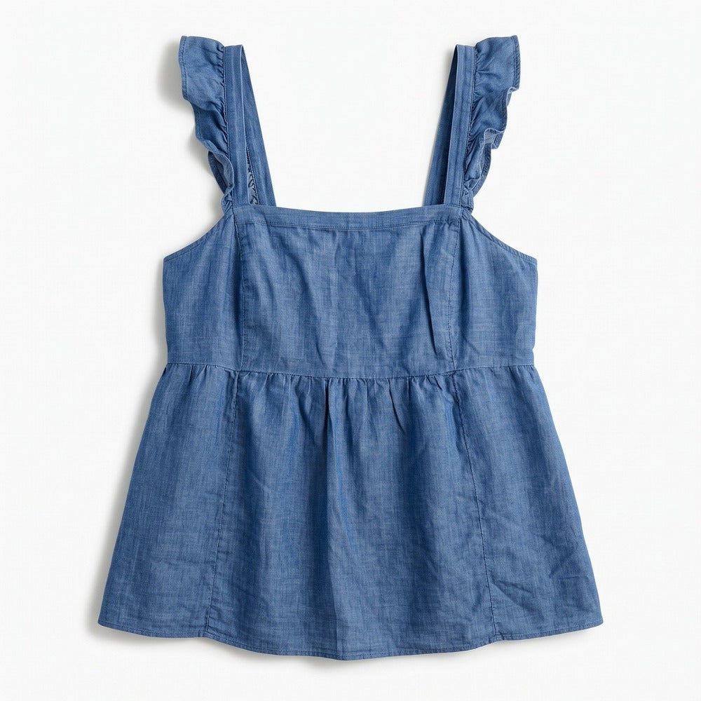 LOFT Outlet Womens M Blue Chambray Ruffle Strap Babydoll Tank Top Boho Casual