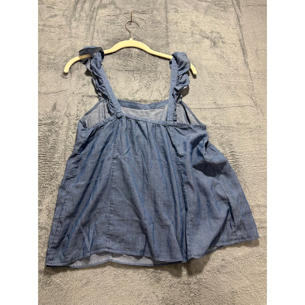 LOFT Outlet Womens M Blue Chambray Ruffle Strap Babydoll Tank Top Boho Casual