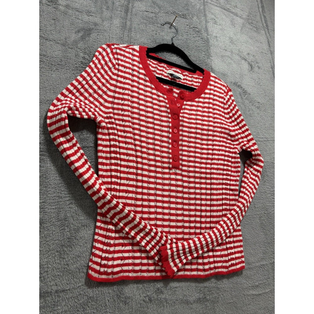 American Eagle Womens M Red White Striped Henley Sweater Preppy Coastal Casual