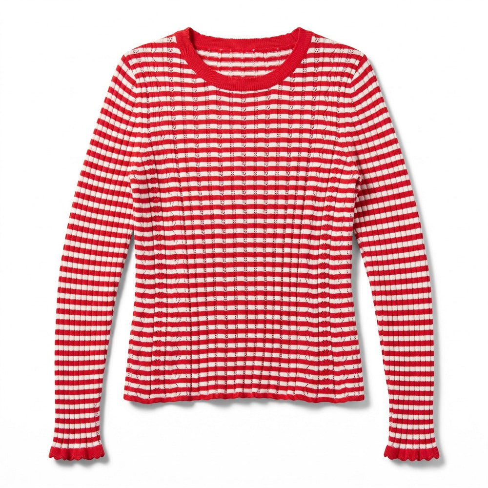 American Eagle Womens M Red White Striped Henley Sweater Preppy Coastal Casual