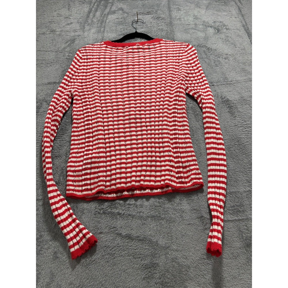American Eagle Womens M Red White Striped Henley Sweater Preppy Coastal Casual