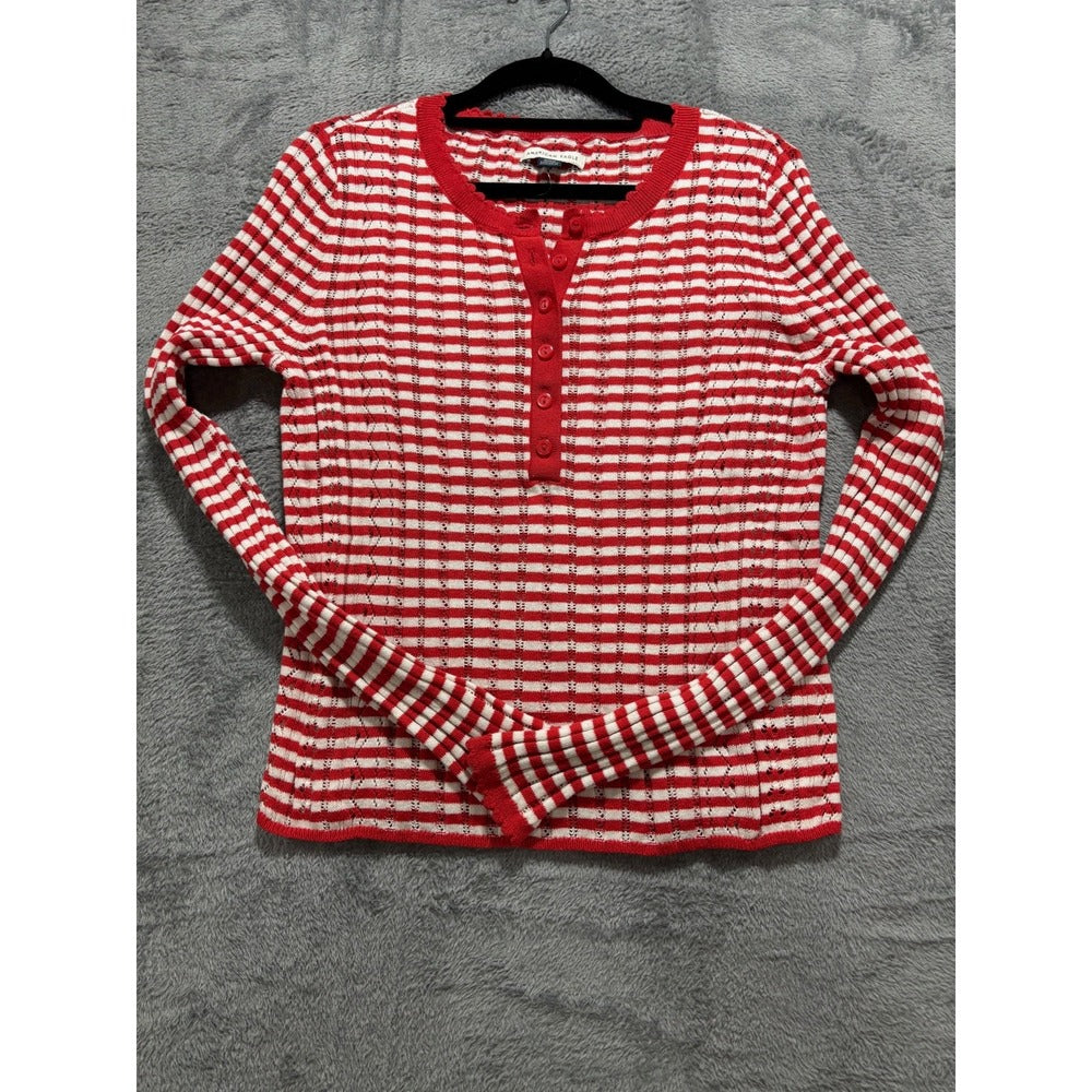 American Eagle Womens M Red White Striped Henley Sweater Preppy Coastal Casual