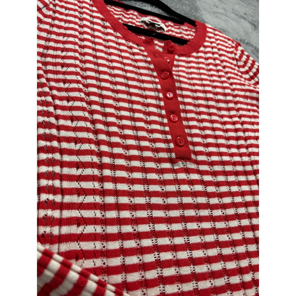 American Eagle Womens M Red White Striped Henley Sweater Preppy Coastal Casual