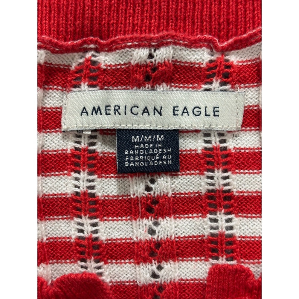 American Eagle Womens M Red White Striped Henley Sweater Preppy Coastal Casual