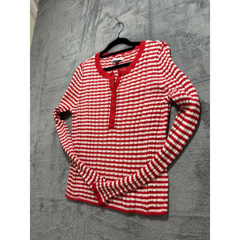 American Eagle Womens M Red White Striped Henley Sweater Preppy Coastal Casual