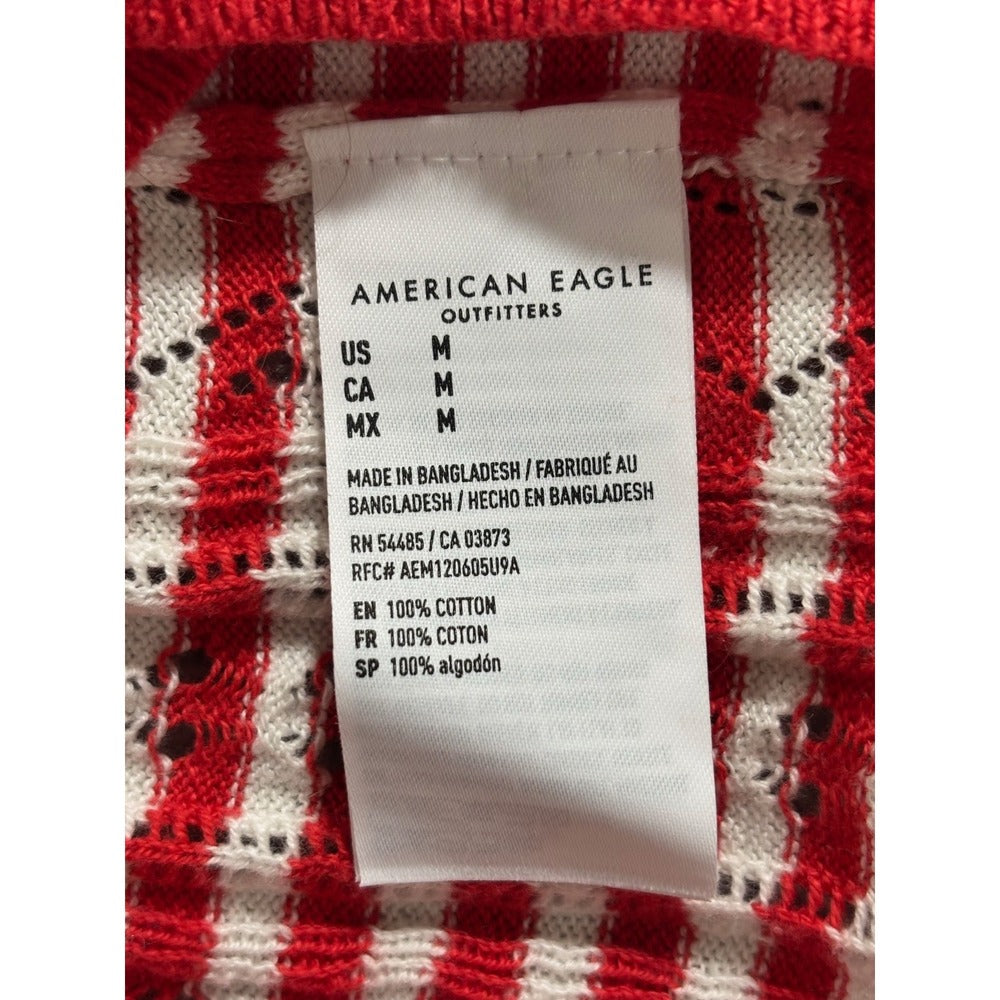 American Eagle Womens M Red White Striped Henley Sweater Preppy Coastal Casual