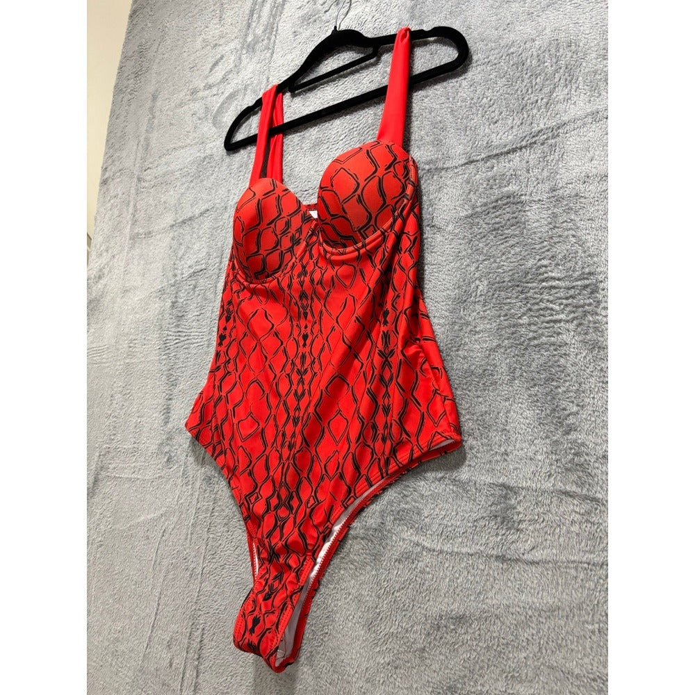 Womens XL Red Black Snake Print One Piece Swimsuit Boho Festival Casual