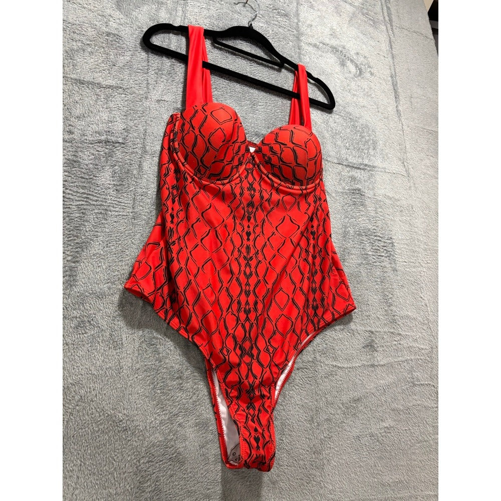 Womens XL Red Black Snake Print One Piece Swimsuit Boho Festival Casual