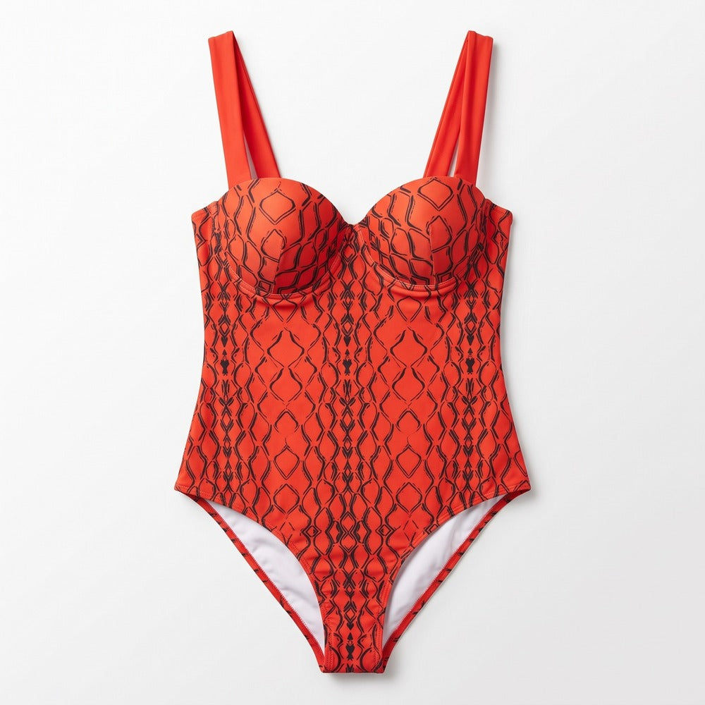 Womens XL Red Black Snake Print One Piece Swimsuit Boho Festival Casual